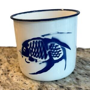 Vtg Butterfly Brand Enamel Mug White Blue Enamelware Koi Fish Fishing Camping